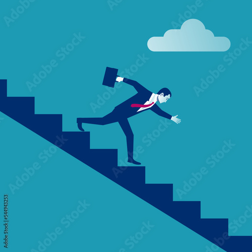 The businessman runs down the stairs. A man in a suit with a briefcase. Run away from problems and failures. Vector illustration flat design. Isolated on white background.