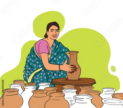 Traditional Indian rural women  making pottery, shaping clay into pot. women empowerment, making matka, female potter