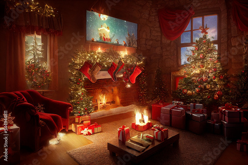 Christmas, New Year interior with magic glowing tree, fireplace and gifts in vintage style. Christmas village, Christmas and New Year holidays background.