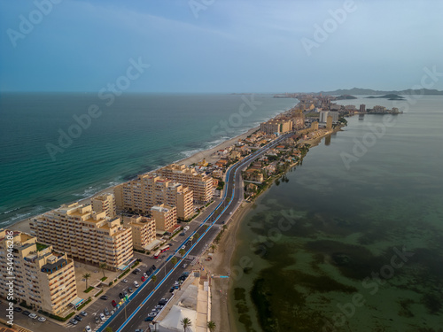 La Manga del Mar Menor Murcia spain  aerial Spectacular aerial images with drone view of the lagoon and the Mediterranean Sea at sunset
