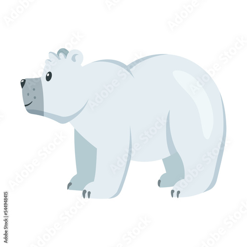Cute polar bear standing on four legs. White arctic animal standing and smiling. Cartoon vector illustration. Zoo  winter  wildlife  fauna concept