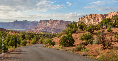Late afternoon light - Capitol Reef National Park scenic drive at Slickrock Divide looking towards The Castle photo
