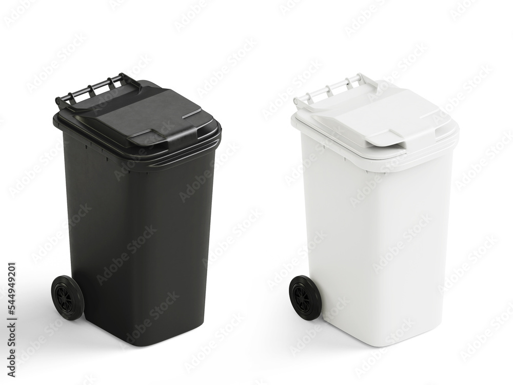 3D illustration. Black and white recyclable garbage cans isolated on white background 3D illustration. Black and white recyclable garbage cans isolated on white background