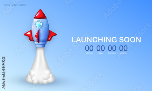 Launching soon banner with 3d cartoon rocket and countdown. Realistic cute spaceship with smoke from turbines flying into space. Web page template for business startup, advertisement, company project
