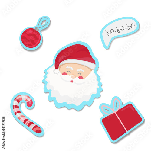 Christmas New Year stickers vector set. Christmas ball, Santa claus, gift, ho ho ho. Puper cut hand drawing isolated on white