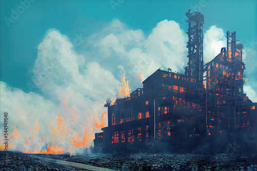 a burned out oil firm in the ocean, anime manga art