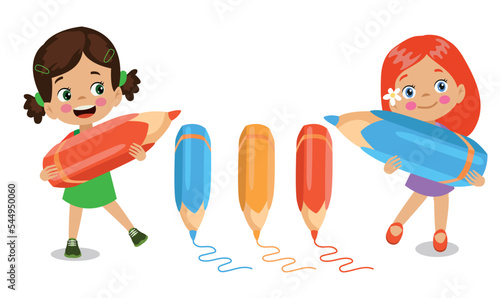 cute little childrens holding a pencil