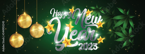 Happy New Year 2023 silver with gold - New Year Shining background with marijuana leaf. Vector illustration.