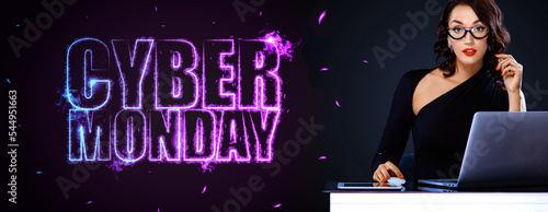 Black friday and cyber monday sale concept for shop. Woman with computer isolated on dark background. Template for promotion, advertising, web and social ads on cybermonday