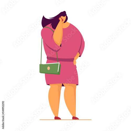 Woman talking on phone in park flat vector illustration. Cartoon character having converstion via smartphone concept. Modern technology concept photo