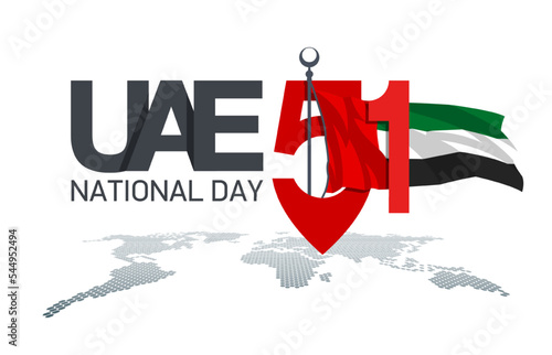 translated: Fifty one UAE national day, Spirit of the union. Banner with UAE state flag. Illustration of 51 National day United Arab Emirates. Card in honor of the 51 anniversary 2 December 1971-2022