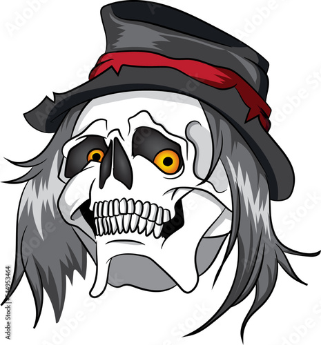 esqueleto rockero con sombrero y cabello largo