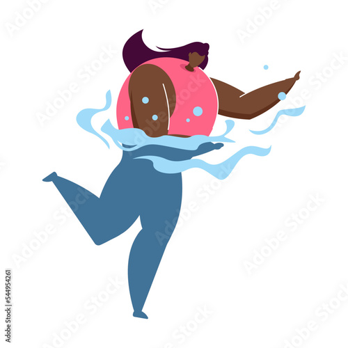 Multiracial girl swimming in sea flat vector illustration. Summer resort, vacation, sport, water activity concept for banner, website design