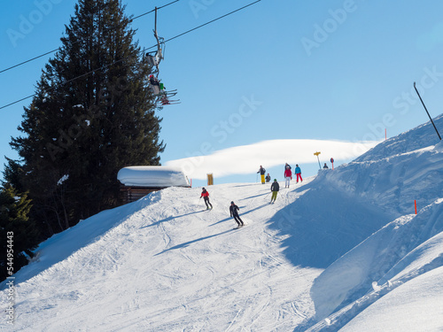 Slope view in winter in resort Ladis, Fiss, Serfaus in ski resort in Tyrol. photo