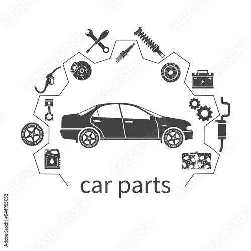 Car parts. Set icons auto spare parts for repairs. Vector illustration. Concept car and spare parts. Can be used as a logo store for the sale of spare parts, web banner, print. Vector