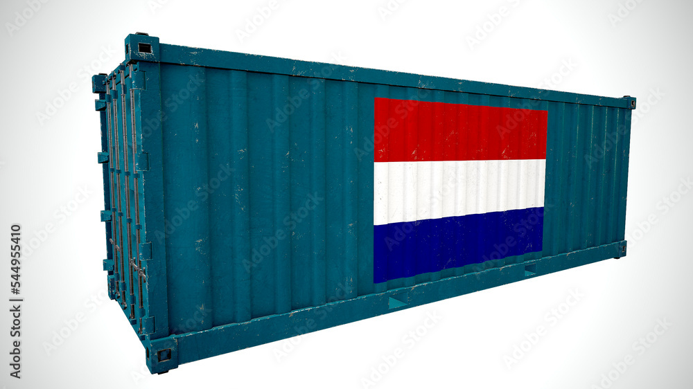 Isolated 3d rendering shipping sea cargo container textured with National flag of Netherlands. Isolated 3d rendering shipping sea cargo container textured with National flag of Netherlands.