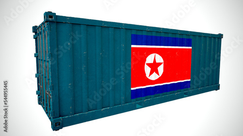 Isolated 3d rendering shipping sea cargo container textured with National flag of North Korea.