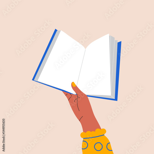 Female hands holding book. Cartoon story textbook, bookcrossing, read literature, education concept. Vector illustration