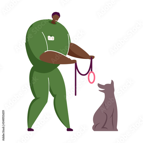 Cartoon veterinarian in animal shelter. Flat vector illustration. Volunteer taking care about animals, people adopting homeless pet. Animal, pet, adoption, care, vet concept