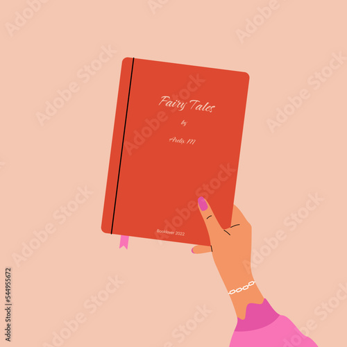Cartoon hands with closed book. Fairy tale story textbook, bookcrossing, read literature concept. Vector illustration