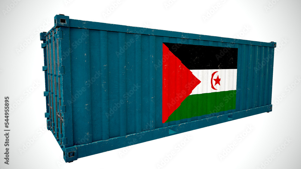 Isolated 3d rendering shipping sea cargo container textured with National flag of Western Sahara. Isolated 3d rendering shipping sea cargo container textured with National flag of Western Sahara.