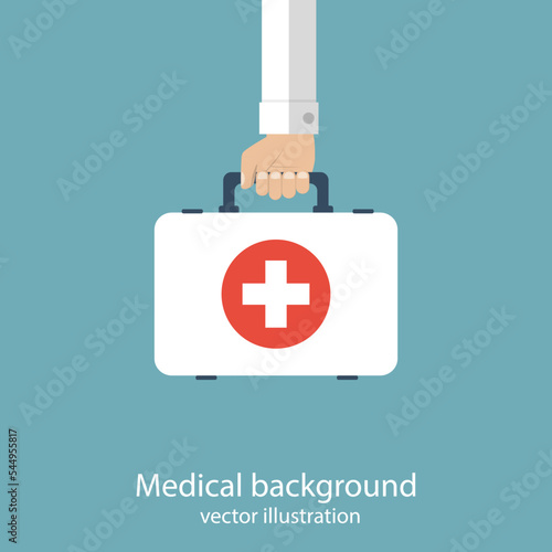 First aid kit in hands doctor. Medical background. Vector illustration in flat design.