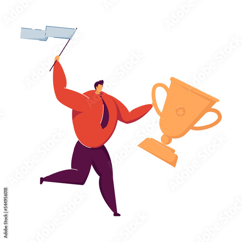 Business man celebrating success vector illustration. Man with white flag getting reward. Goal achievements, winners and losers, victory or loss, triumph, award, leadership concept