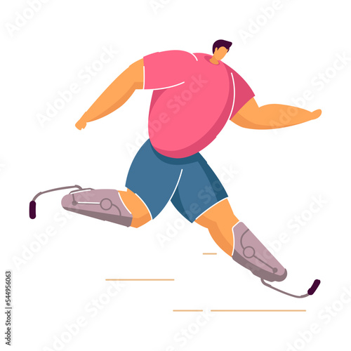 Paralympic athlete taking part in race. Flat vector illustration. Man with disability running marathon, participating in sport competition with running prostheses. Sport and healthy lifestyle concept