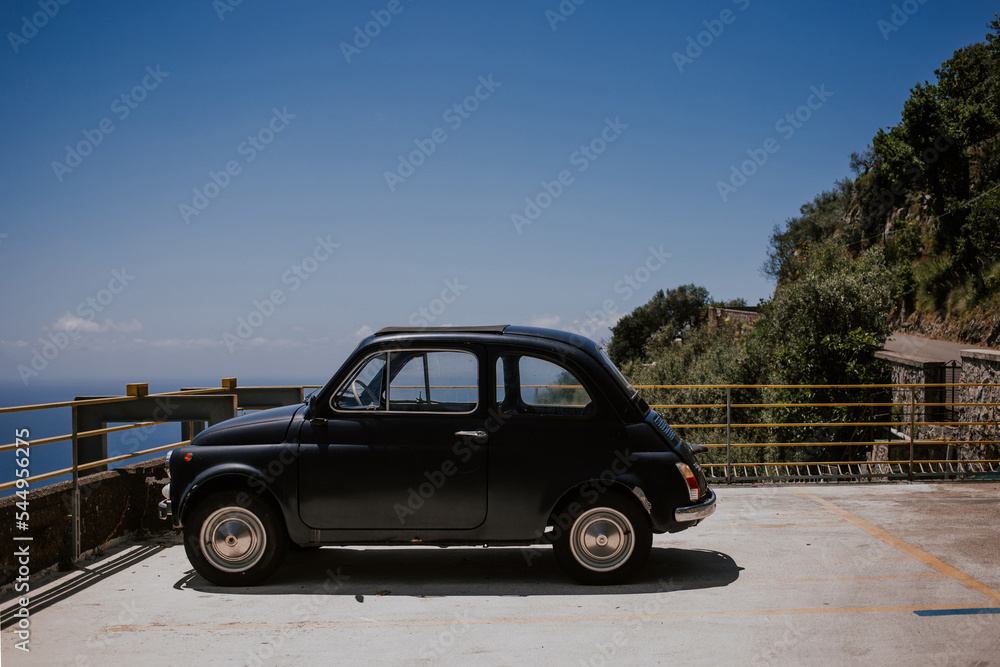 car on the road, Italian car, cinquecento, blu car on the sea