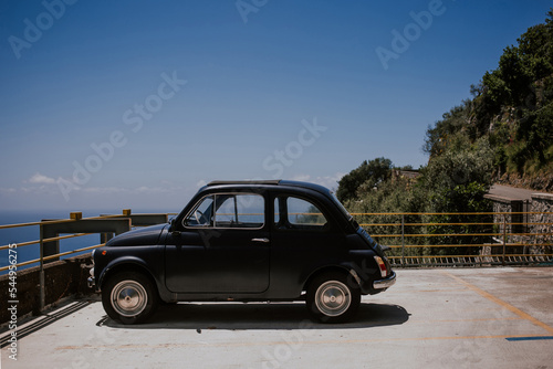 car on the road, Italian car, cinquecento, blu car on the sea