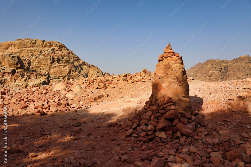 landscape view with red stones in archaeological site of Petra