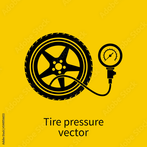 Tire pressure gauge. Checking tire pressure. Gauge, manometer. Car safe concept. Sign, wheel car with instrument measures pressure. Icon tire. Vector illustration