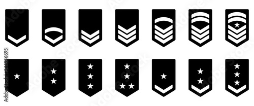 Army Rank Black Silhouette Icon. Military Badge Insignia Symbol. Chevron Star and Stripes Logo. Soldier Sergeant, Major, Officer, General, Lieutenant, Colonel Emblem. Isolated Vector Illustration photo