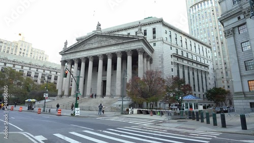New York Supreme Court, people walking by, wide angle footage