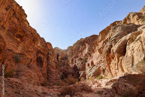 landscape view of rock formations of red sandstone in petra