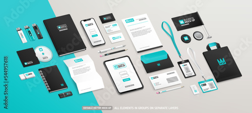 Branding Stationery Mock-Up set blue and white design. Crown logo design. Business office stationary mockup template. Minimalistic Corporate style for company. Office items mockup set. Editable vector