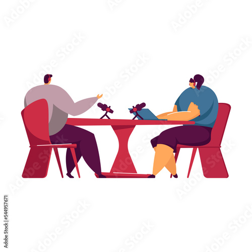 Happy tiny people sitting and listening to radio podcast isolated flat vector illustration. Cartoon man and woman with headsets talking during interview. Podcast concept