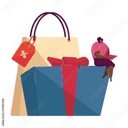 Tiny girl sitting on pgift box illustration. Bonus, reward and gift programs for loyal customers concept. Store or shop offering discounts for clients