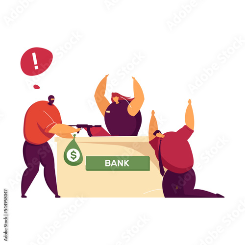 Bank robbery by masked criminal with gun vector illustration. Armed man threatening bank employees, taking bag filled with money with dollar sign. Robbery concept