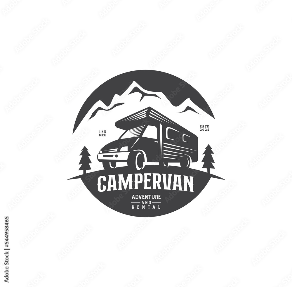 Motorhome or recreational vehicle (RV) campervan logo template for Vacation travel trip or adventure vector design emblem badge - obrazy, fototapety, plakaty 