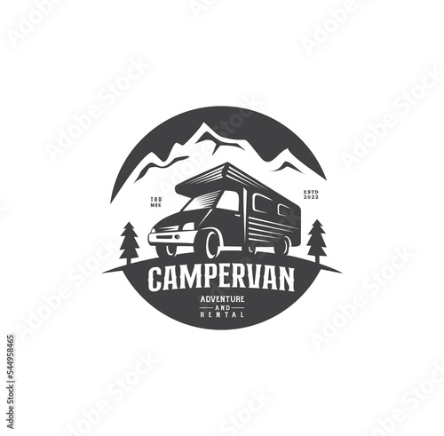 Fototapeta Motorhome or recreational vehicle (RV) campervan logo template for Vacation trav