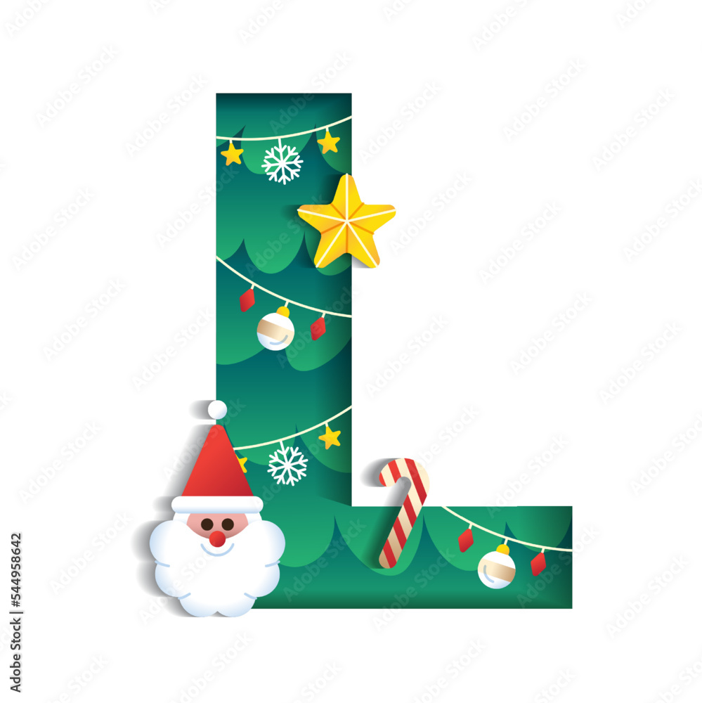 Letter L Alphabet Font Cute Merry Christmas Concept Star Candy Cane Santa  Claus Christmas Tree Character Font Christmas Element Cartoon Green 3D  Paper Layer Cutout Card Vector Illustration Stock Vector