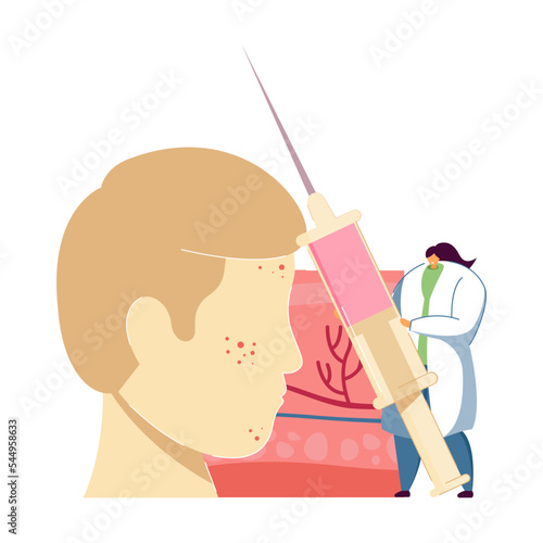 Tiny dermatologist examining facial skin. Doctor treating inflammation, huge face flat vector illustration. Dermatology, cosmetology concept for banner, website design