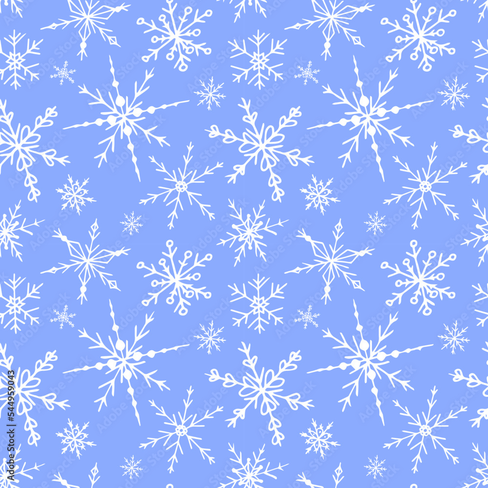 Drawn snowflakes in vector format. Seamless vecor winter pattern. White snowflakes on a blue background. Textile print. Holidays. Winter. December. Drawn snowflakes in vector format. Seamless vecor winter pattern. White snowflakes on a blue background. Textile print. Holidays. Winter. December.