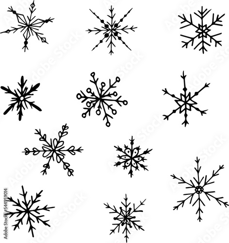 Hand drawn snowflakes. Set of drawn snowflakes. Winter. Winter holidays. Christmas. Elements for decor. December. January.