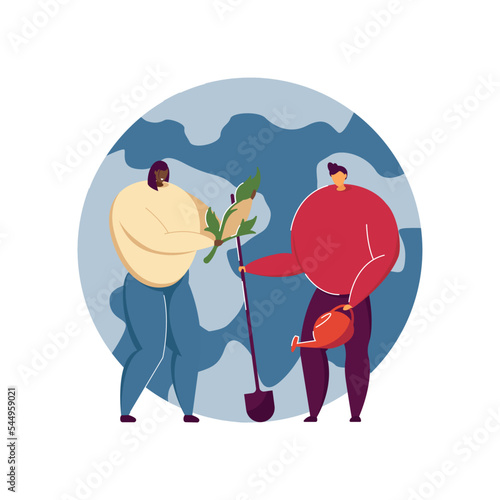 People caring Earth flat vector illustration. Cartoon girl and boy standing near planet and watering green plants. Environment, protection and ecology concept