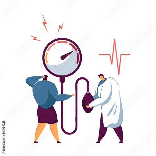 Tiny doctor treating heart disease. Medical checkup, high blood pressure, cardiology flat vector illustration. Medicine, diagnosis, examination concept for banner