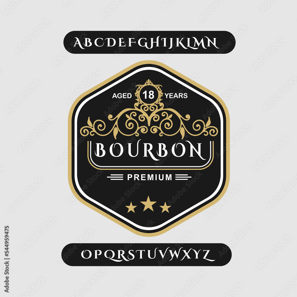 Premium golden flat bourbon, whiskey label. Vector