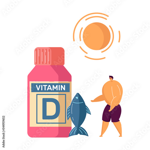 Boy looking for sources of vitamin D. Cartoon character taking supplements for good health and skin flat vector illustration. Food, wellbeing concept