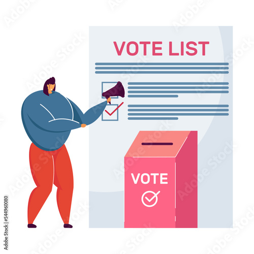 Female citizen voting flat vector illustration. Holding election or referendum campaign, making civic choice or opinion. Voting, constitution, politics concept